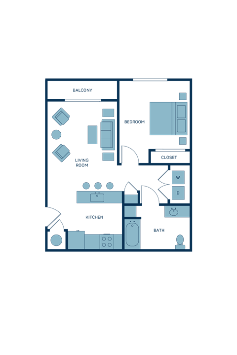 Floor plan for 1 bed, 1 bath, 664 sqft
